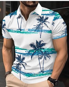 เสื้อโปโลชายลายต้นปาล์มสำหรับฤดูร้อน แขนสั้น สวมใส่สบาย ระบายอากาศได้ดี ผลิตจากผ้าฝ้ายอ๊อกซ์ฟอร์ด ดีไซน์แบบทอ - Product Image 3