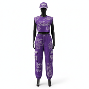 Ensemble t-shirt et legging en coton polyester doux de haute qualité, couleur violet, avec poches cargo et logo en strass, pour femmes - Product Image 6