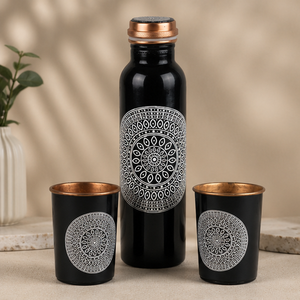 Ensemble de vaisselle en cuivre pur imprimé Mandala sacré, thermos de voyage portable, design bohème noir et or - Product Image 4