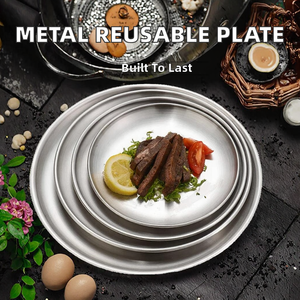 Reusable Vintage Plant Pattern Camping Use <b>Brushed</b> Stainless Steel 18/8 Silver Color Heavy Duty <b>Round</b> Dinner Plate - Product Image 4