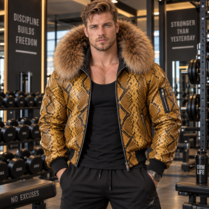 <b>Men's</b> Embossed Python Leather Breathable <b>Summer</b> Bomber <b>Jacket</b> with Plaid Pattern | LEATHER SPOT - Product Image 5