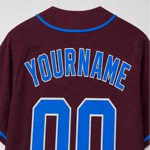 Camiseta de Béisbol Personalizada Color Granate con Ribete Azul, Nombre y Número Personalizados en la Parte Delantera, Manga Corta, para Hombre Adulto, Transpirable, de Secado Rápido, 100% - Product Image 4