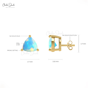 4MM Ethiopian <b>Opal</b> Gemstone Dainty <b>Earrings</b> Prong Set Trillion Cut Gemstone Crafted in 14k Solid Yellow Gold Stud <b>Earrings</b> - Product Image 2