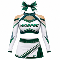 Ensemble d'uniformes de cheerleading WARPRO vert et blanc avec strass, impression par sublimation, haut court à manches longues et jupe pour femmes adultes