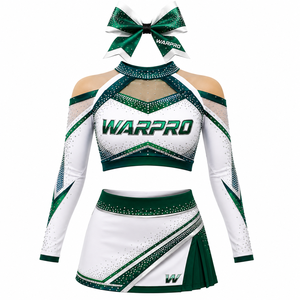 ชุดยูนิฟอร์มเชียร์ลีดเดอร์ WARPRO สีเขียวขาว ประดับคริสตัล พิมพ์ลายแบบซับลิเมชั่น เสื้อครอปแขนยาว กระโปรง สำหรับผู้ใหญ่ ผู้หญิง - Product Image 3