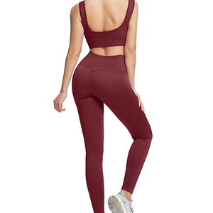 Ensemble de yoga 2 pièces pour femme, couleur bordeaux uni, haut court dos nageur, leggings taille haute longueur intégrale, sans couture, extensible dans les quatre sens, vêtements de sport - Product Image 4