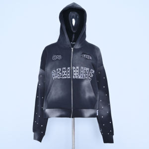 Sudadera con capucha para mujer de estilo urbano oversize, 100% algodón, de peso pesado, de corte holgado, con efecto desgastado, bordado de chenilla, lavado ácido y serigrafía - Product Image 1