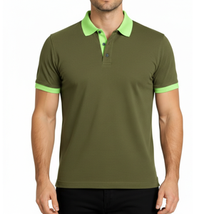 Polo de hombre verde oliva de alta demanda con cuello en contraste verde limón neón, corte ajustado y manga corta para golf. - Product Image 1