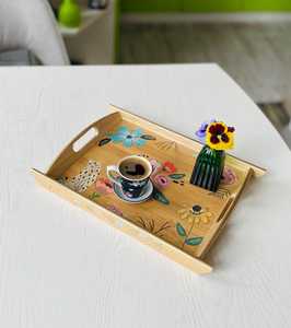 Handmade Floral Print Wood Serving Tray with Handles Rustic Decorative Rectangle Coffee Table Ottoman Tray for Home Decor by UO - Product Image 2