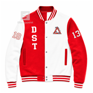 Veste universitaire personnalisée Delta Sigma Theta Sorority, rouge et blanche, manches longues, boutons sur le devant, col à revers, logo brodé, coton. - Product Image 1