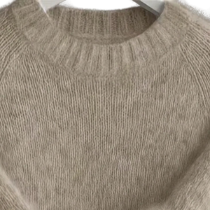 Pull décontracté pour femme en mohair beige, col rond, manches longues, tricot torsadé, doux, chaud, coupe ample, avec revers et ourlet côtelés, couleur unie, automne - Product Image 5