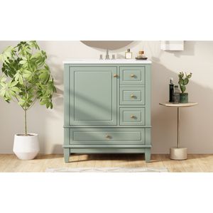 <b>Light</b> Green 30\" Bathroom <b>Vanity</b> with Sink One Door and Shelf Three Soft Close Drawers - Product Image 2