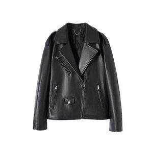 Chaqueta de Motociclista para Mujer, de Piel de Oveja, Transpirable, con Cierre de Cremallera Corta, Cuello Camisero, Manga Larga, Resistente al Viento, para Invierno - Product Image 1