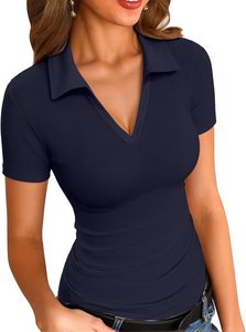 Polo de Punto Personalizado para Mujer 2026, Color Verde Oliva Sólido, Manga Corta, Cuello en V, Largo Regular, Estilo Casual - Product Image 6