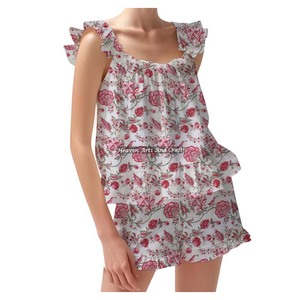 100% Cotton Long Comfy Shorts Pajama Set Soft Dress Spring/Summer Floral Fitted Strappy Ruffle <b>Trim</b> Sleeves PJ Set - Product Image 5