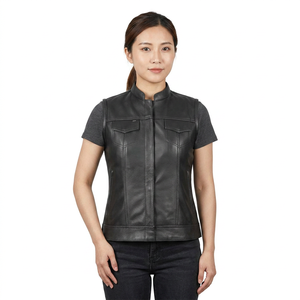 <b>Men's</b> Black Genuine <b>Leather</b> Windproof Casual Moto <b>Vest</b> Stand Collar Covered Button Closure Sleeveless Outerwear Winter - Product Image 6
