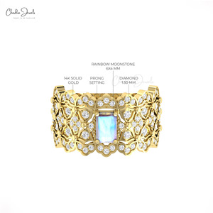 Custom 14k Solid <b>Gold</b> Natural 6x4mm Moonstone & Diamond Statement <b>Ring</b> Art Deco Design Wide Band Fine Jewelry For Women - Product Image 5