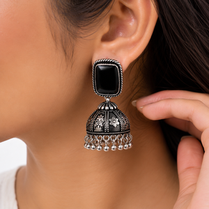 Wholesale Brass Oxidized <b>Silver</b> Black Onyx Jhumka <b>Earrings</b> for Women | Handmade Indian Ethnic Boho <b>Dangle</b> Drop Party <b>Earrings</b> - Product Image 4