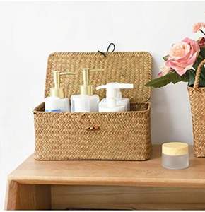 Panier de rangement en jonc de mer rectangulaire tressé à la main avec couvercle pour étagère, usage domestique, fabriqué au Vietnam - Product Image 1