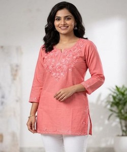 Kurta Rosa de Algodón con Bordado para Mujer, Ropa Casual Tradicional India, Largo Midi, Corte Regular, BLUESTAR- BS...159- 85418 - Product Image 2