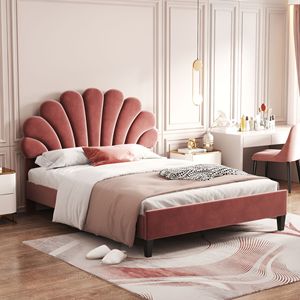 Letto matrimoniale imbottito con piattaforma e testiera in velluto rosso con motivo floreale, modello Bean Paste - Product Image 3