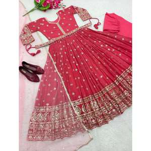 DISEÑADOR GEORGETTE BORDADO SECUENCIA TRABAJO VESTIDO FONDO CON DUPATTA ROJO - Product Image 2