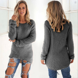 Femmes XL surdimensionné Blouse solide gris coton tricoté pull chaud col rond ample Long pull décontracté Hipster Style - Product Image 1