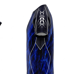 Maillot de football noir à sublimation intégrale motif flamme bleue |   Sans col |   Manches courtes |   Unisexe |   Logo personnalisé |   Usine OEM en gros - Product Image 2