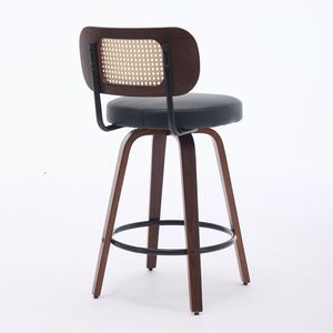 Juego de 3 Taburetes de Barra de 26 Pulgadas de Altura, con Respaldo de Ratán y Asiento Tapizado en Nogal, Hechos a Mano - Product Image 5