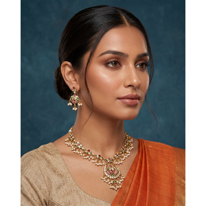 <b>Indian</b> Ethnic Tanvi Premium Traditional Gold-Plated Steel <b>Necklace</b> <b>Set</b> with Zircon Earrings - Product Image 1