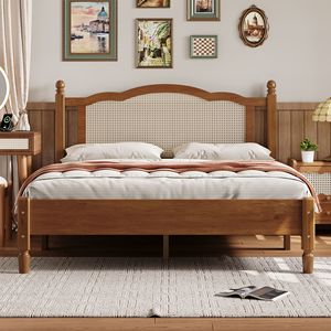 Cadre de lit vintage Queen Size avec lattes en bois de noyer et tête de lit en rotin naturel – Arrivée prévue - Product Image 1