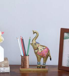 Traditional India Metal Baby Elephant Pen Stand <b>for</b> Home Office Study Use to Hold Pens <b>Pencils</b> Notes Cards and <b>Desk</b> Accessories - Product Image 3