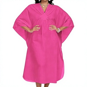 Robe Kaftan ample à col en V et manches courtes pour femme, couleur unie, longueur midi, tissée, style décontracté, idéale pour la plage en été - Product Image 1