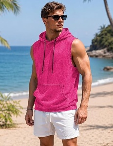 Camiseta sin mangas con capucha para hombre, de punto, color liso, estilo musculoso, para verano, 100% algodón, transpirable, forro polar lavado. - Product Image 4
