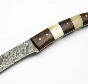 Cuchillo de trinchar estrecho de acero de Damasco hecho a mano con mango segmentado de madera y hueso, herramienta para procesamiento en campo - Product Image 3
