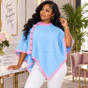 Poncho asymétrique Cosh International Sorority Sisterhood bleu clair avec bordure rose, manches chauve-souris, col rond, en tricot - Product Image 3