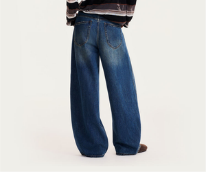 Jean en denim à jambe large pour femme, taille haute, en coton délavé, longueur intégrale, décontracté, pour l'automne - Product Image 4