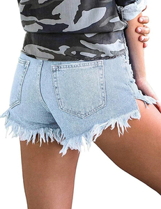 Shorts de mezclilla desgastados para mujer al por mayor, con cintura alta, diseño sin roturas en las rodillas, lavado vintage, logotipo personalizado - Product Image 4