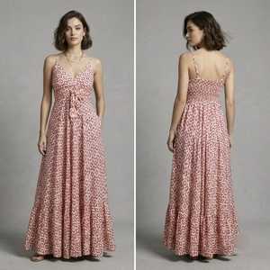 Robe longue décontractée d'été pour femme, style bohème, imprimé floral, en mélange de coton tissé, col en V, bretelles spaghetti, coupe trapèze ample, taille élastique - Product Image 3