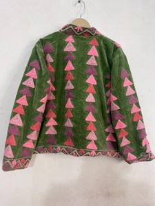 Stunning Geometric Statement Hand Embroidery <b>Velvet</b> Jacket Green Boho Outerwear With Pink Triangles Free Size <b>Coat</b> Winter Blazer - Product Image 2