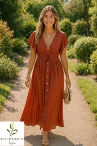 Women’s Boho <b>Plain</b> Maxi Dress Cotton Linen Fabric V-Neck Button Front Loose Fit Adjustable Waist Comfortable Long Dress - Product Image 2