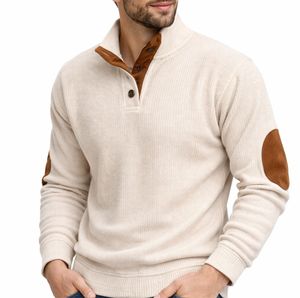 Pull tricoté pour homme à col zippé avec empiècements marron aux coudes, boutons brodés, coupe classique, décontracté, automne, ODM - Product Image 1