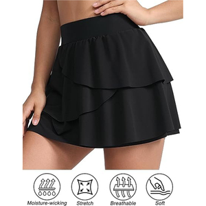 Women's Black A-Line Ruffle Tennis <b>Skirt</b> <b>Elastic</b> <b>Waist</b> Chiffon Mini Sporty Summer <b>Skirt</b> Breathable Design Solid Color - Product Image 2