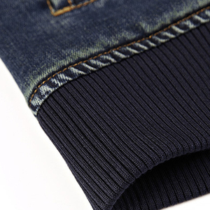Veste en jean d'hiver pour homme, coupe slim décontractée, style aviateur, classique, légère, 100% coton, col montant côtelé, poches zippées, Fortleo - Product Image 2