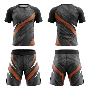 Ensemble de rashguard MMA pour homme, noir et orange, imprimé géométrique, ajusté, anti-humidité, séchage rapide, extensible, vêtements de sport - Product Image 1
