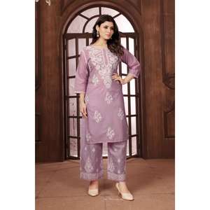 ATRACTIVO ALGODÓN POLLO BORDADO TRABAJO KURTI PALAZZO BEBÉ ROSA - Product Image 3