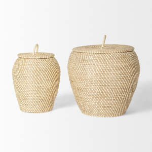 Set of 2 Handmade Seagrass Floor <b>Baskets</b> with Flat Handles Natural <b>Woven</b> Textured Storage Kingcraftviet - Product Image 3