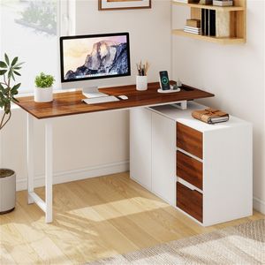 Bureau en L réversible blanc pour la maison et le bureau, avec tiroirs et classeur, station de charge intégrée pour le gaming - Product Image 3