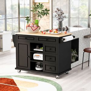 Isola da Cucina Mobile con Ruote da 53 Pollici, con Spazio di Archiviazione e 5 Cassetti, Piano in Legno di Gomma, Carrello da Cucina - Product Image 1