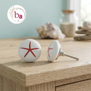 Ba Ceramic Round Cabinet Knobs with Red Starfish Design Modern Eco-Friendly for Kitchen Drawer Easy Installation - Product Image 1